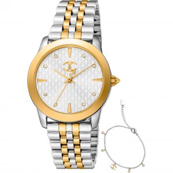 Reloj de pulsera Just Cavalli SET Glam Creazione - JC1L211M0285, correa color oro amarillo, dial gris plata, para hombre; Reloj para mujer Just Cavalli GLAM CHIC PAQUETE