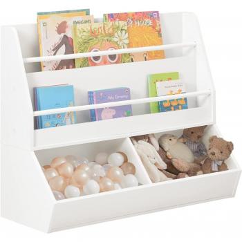 Estantería Infantil Organizador de Juguetes Multifuncional con 2 Compartimientos y 2 Estantes, Dimensiones: 90 x 31 x 74 cm, Color Blanco, Modelo KMB56-W