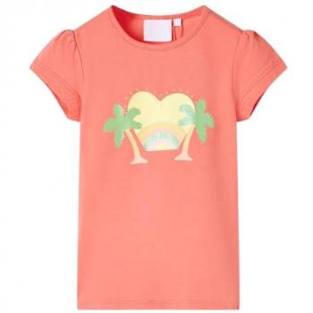 Camiseta infantil color coral 116 con estampado de arco iris y palmeras, manga corta