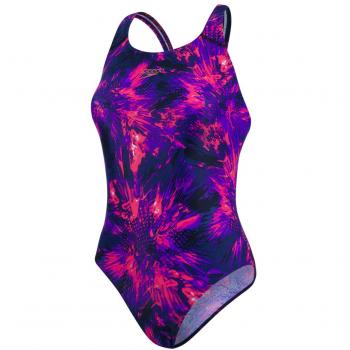 Speedo FlyingFlash Allover Powerback Bañador, Mujer, Negro/Violeta / Rosa
