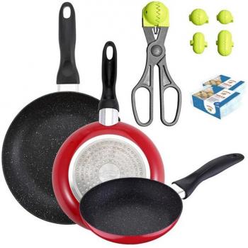Pack de 3 sartenes San Ignacio Ø16CM Ø20CM Ø24CM + utensilio multiusos con 4 moldes intercambiables + 40 bandejas de conservación