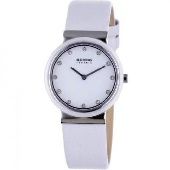 Bering Ceramic - Reloj analógico de mujer de cuarzo con correa de piel blanca - sumergible a 50 metros