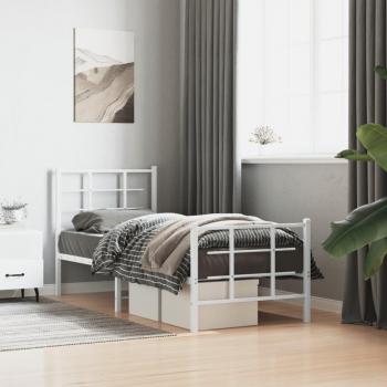 Cama de metal con cabecero y pie de cama en color blanco, dimensiones 75x190 cm