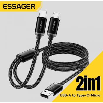 Cable USB Tipo C y Micro 2 en 1 Essager para Xiaomi, Redmi, Samsung y Huawei, carga rápida de 2A, 1.2m negro