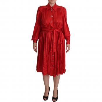 Red Satin Silk Button Down Belted Midi Dress