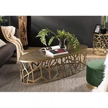 Mesa de centro ovalada MACABANE de aluminio dorado 150 cm con base gráfica