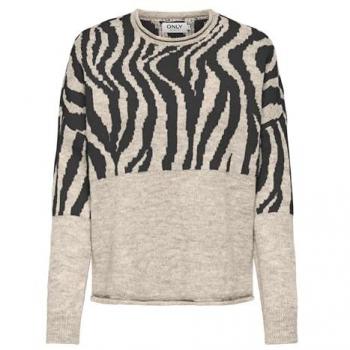 Suéter de punto relajado para mujer JADE con cuello redondo y estampado de cebra en tonos beige y gris