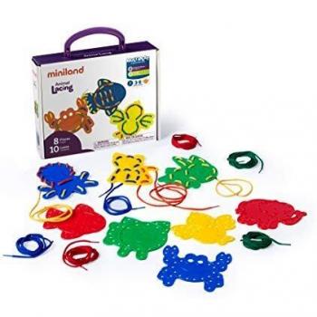 Miniland - Juego de Enhebrado de Animales, Multicolor, 8 Piezas y 10 Cordones (45304)