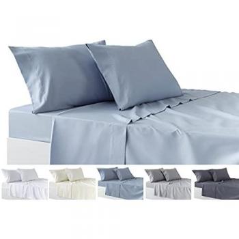 Juego de Sábanas Azul Claro de 4 Piezas – Sábana Bajera Ajustable, Encimera y Dos Fundas de Almohada 50x80 cm (Cama 135x190/200 cm)