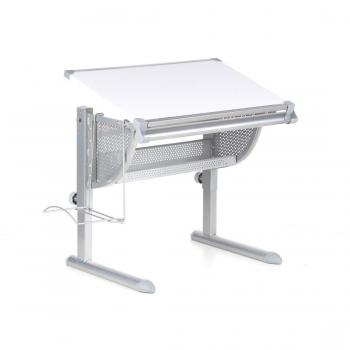 Escritorio para niños BELIA ajustable en altura e inclinación, blanco y plateado, con estructura de acero y superficie de melamina
