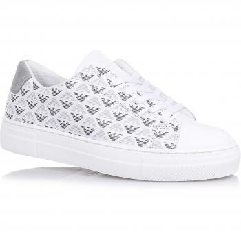 ARMANI - Zapato de cordones blanco de cuero, Made in Portugal, con cordones blancos, con motivos estampados en forma de águila, Niño, Niños-36