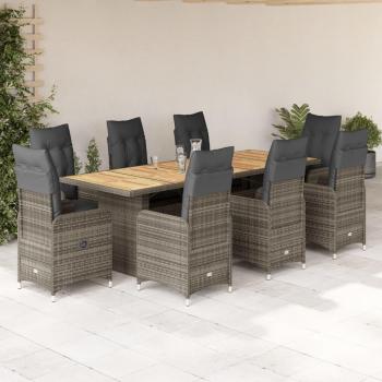 Conjunto de jardín 9 piezas con cojines de Polyrattan gris