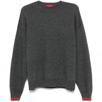 Gucci Women's Grey Wool-Cashmere Round-Neck Sweater with Web-Stripe Trim, Size XS