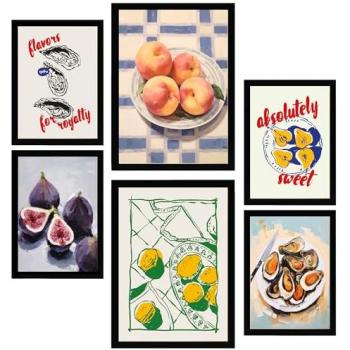 Set de 6 Pósters Ilustraciones de Alimentos Mediterráneos para Decorar Paredes del Hogar - Tamaños A3 y A4 Sin Marco