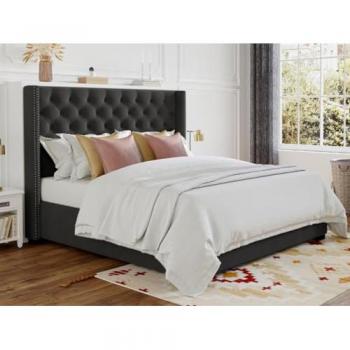 Cama con cabecero acolchado - 160 x 200 cm - Tela - Gris + Colchón - MASSIMO II