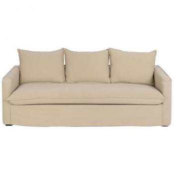 Sofá 3 Plazas Beige con Cojines Desenfundables de Tela y Estructura de Madera 220 x 95 x 90 cm