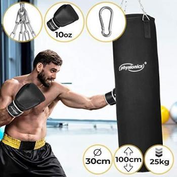 Set de Boxeo Physionics - Saco de Boxeo Relleno 25 kg, 100 cm, con Guantes y Cadenas para MMA y Kickboxing