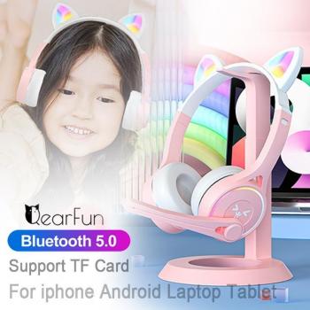 Auriculares Inalámbricos Bluetooth 5.0 con Orejas de Gato, Casco Estéreo RGB para Música, Teléfono Móvil con Micrófono, Regalo para Niños Color Azul Claro
