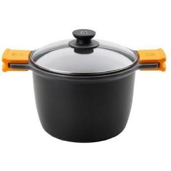 Olla Alta BRA Efficient de 24cm, 6.8L con Tapa de Cristal y Asas de Silicona, Aluminio Fundido, Apta para Inducción - Color Negro
