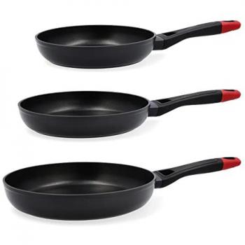 Set de 3 Sartenes Pyrex Optima 22-24-28cm con Asas Baquelita Soft Touch, Mango Ergonómico y Antiadherente Triple Capa, Apto para Vitrocerámica, Indu
