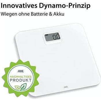 ADE Báscula personal sin pilas BE2008 Kira con dinamo, báscula ecológica sin pilas, báscula de baño digital, báscula corporal sostenible, báscula de vidrio ecológica hasta 150kg