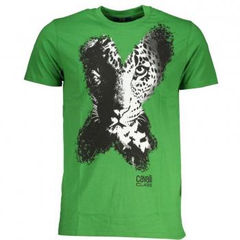 Cavalli Class Green Cotton Leopard Print T-Shirt for Men - Size L