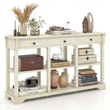 58'' Retro Console Sofa Table with Storage - White Rectangle Wood Console Table with 3 Drawers & Open Shelves