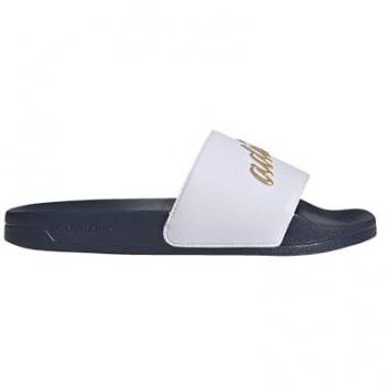 Sandalias Planas Adidas Adilette para Dama en Blanco con Detalles Dorados y Navy
