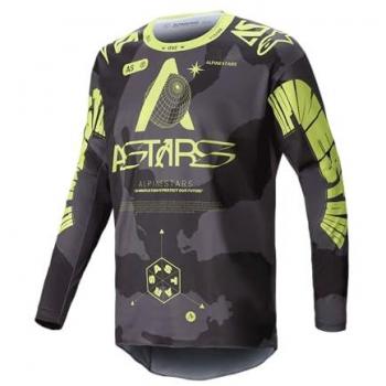 Alpinestars Camiseta de Cross Racer Hollow Camuflaje Oscuro-Amarillo Flúor, Maillot de motocross, color gris y amarillo, talla S