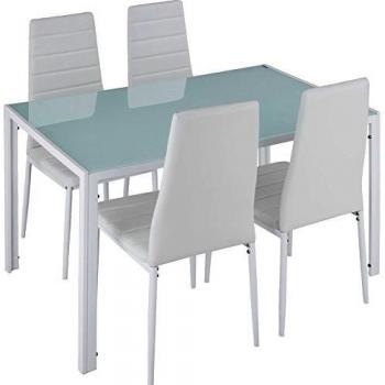 Conjunto de mesa y 4 sillas de comedor Berlín - Cuero sintético muy resistente, Tablero de la mesa robusto, de vidrio de seguridad, juego elegante y ligero para salón