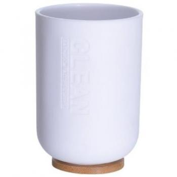 Vaso Porta Cepillos de Dientes Blanco con Base de Bambú