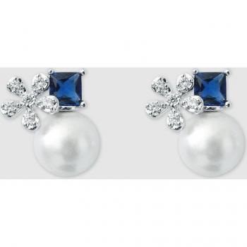 Pendientes de Cristal Azul Zafiro con Detalles Florales y Perlas