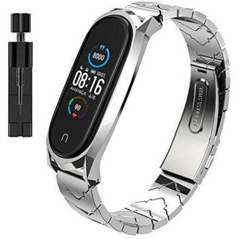 AHANGA Correa para Xiaomi Mi Band 5, Pulseras MiBand 5 Pulsera Metal Correas con Enlaces Herramienta de Eliminación Reloj Wristband Recambio Bandas Acero Inoxidable Reemplazo Strap para Hombres Mujer