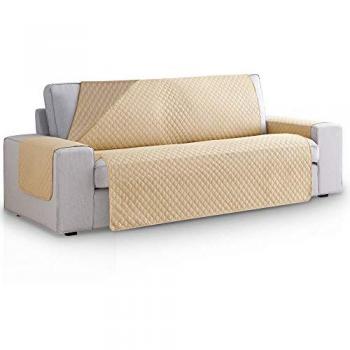 Funda Cubre Sofá Acolchado Reversible Bicolor Rombos Beige y Lino para 4 Plazas, Antimanchas y Ajustable con Goma Trasera