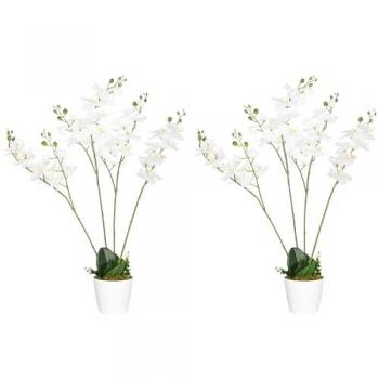 HOMCOM Juego de 2 Plantas Artificiales de Orquídeas Phalaenopsis con Maceta, Decoración para Hogar, Salón y Oficina, Color Blanco