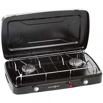 Cocina de gas portátil Brunner Phoenix 2 fuegos 50 mbar 2x1,2KW con tapa y encendido piezoeléctrico
