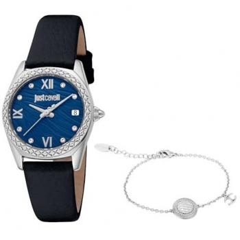 Just Cavalli Women's Analog Leather Strap Watch - Indomitable Animalier Set, Black Strap, Blue Dial