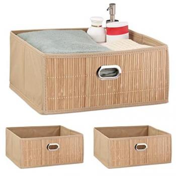 Set de 3 Cestos de Almacenaje Plegables de Bambú, Cestas Cuadradas para Baño, 14 x 31 x 31 cm, Color Marrón Natural