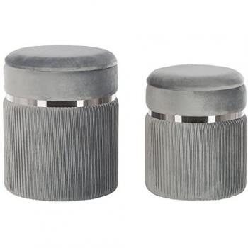 Conjunto de 2 pufs de terciopelo gris claro con almacenamiento y bandas metálicas estilo glamour Camdenton