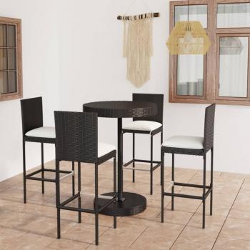 5-Piece Black Poly Rattan Garden Bar Set with Cushions