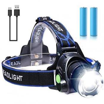 Linterna Frontal, Linterna Cabeza LED - USB Recargable, Zoomable Luz Frontal - Impermeable, Lámpara de Cabeza para Camping, Excursión,Pesca,Carrera,Ciclismo, con 3 Modos de Iluminación