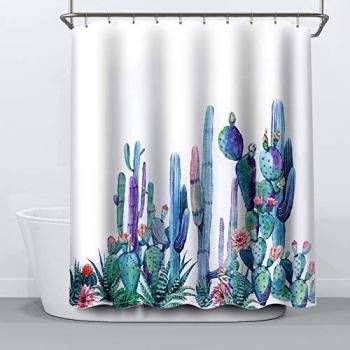 NIBESSER Cortina de Baño, Cortinas de Ducha Impermeable Resistente al Moho de Tela de Poliéster con Diseño Plantas Flores Cactus Cortina Accesorios de Ducha con 12 Ganchos, 180cmx180cm