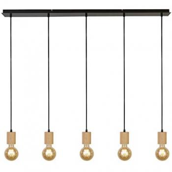 Lámpara Colgante Lineal Spinny de 115 cm, 5 Luces, Madera de Caucho y Metal Negro, E27