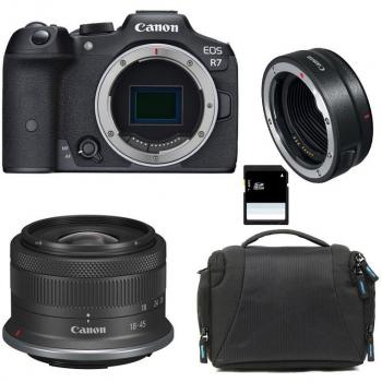 Cámara Mirrorless Canon EOS R7 32,5 MP con Objetivo RF-S 18-45mm f/4.5-6.3 IS STM + Bolsa + Tarjeta SD de 8 GB + Anillo Adaptador EF