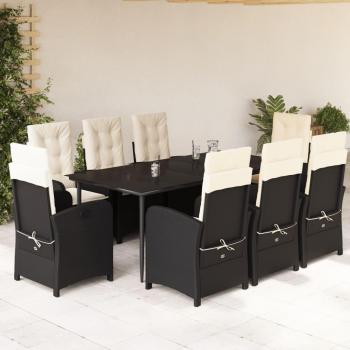 9-Piece Black Poly Rattan Garden Dining Set with Cushions