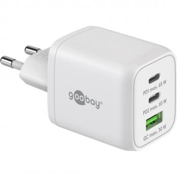 Cargador Rápido Multiport USB-C PD Nano 65W con 2x USB-C y 1x USB-A, GaN, Blanco
