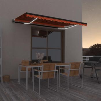 Toldo automático LED sensor de viento naranja marrón 450x350 cm, sombrilla retráctil, resistente al agua, ideal para balcón, jardín y terraza