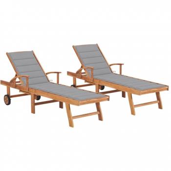 Tumbonas de madera maciza de teca con cojín gris - 2 unidades