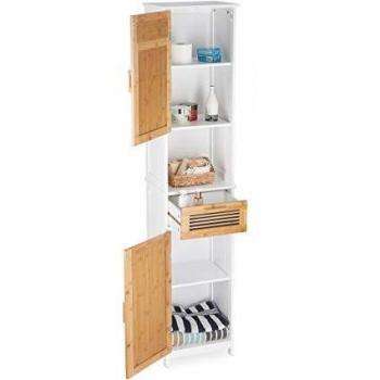 Armario de baño alto Relaxdays, 2 puertas, 1 cajón, madera y bambú, blanco y marrón, dimensiones 180 x 39 x 30 cm