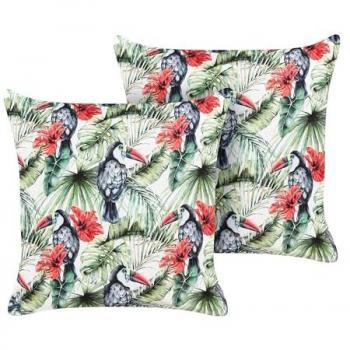 Conjunto de 2 cojines de exterior cuadrados 45 x 45 cm poliéster multicolor con motivo de tucanes para jardín y patio